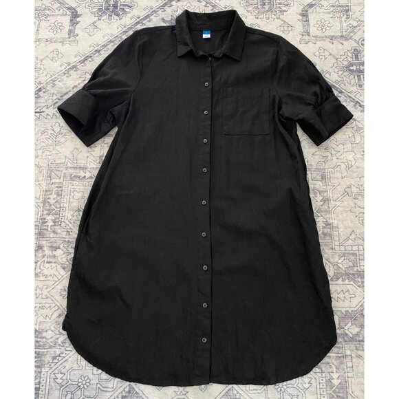 Old Navy Dresses & Skirts - Old Navy Black Button Shirt Dress Large Womens Linen Blend Short Sleeves Pockets